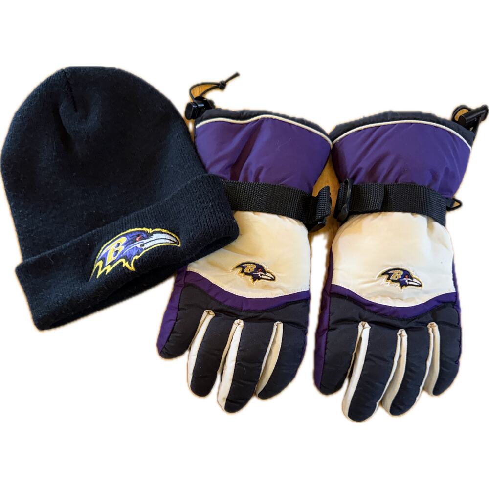 NFL Baltimore‎ Ravens Winter Gloves & Knit Beanie Hat Set Purple Black